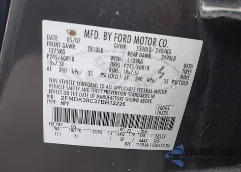 2007 Ford Edge Sel z USA, uszkodzony, nr VIN 2FMDK38C37BB12226